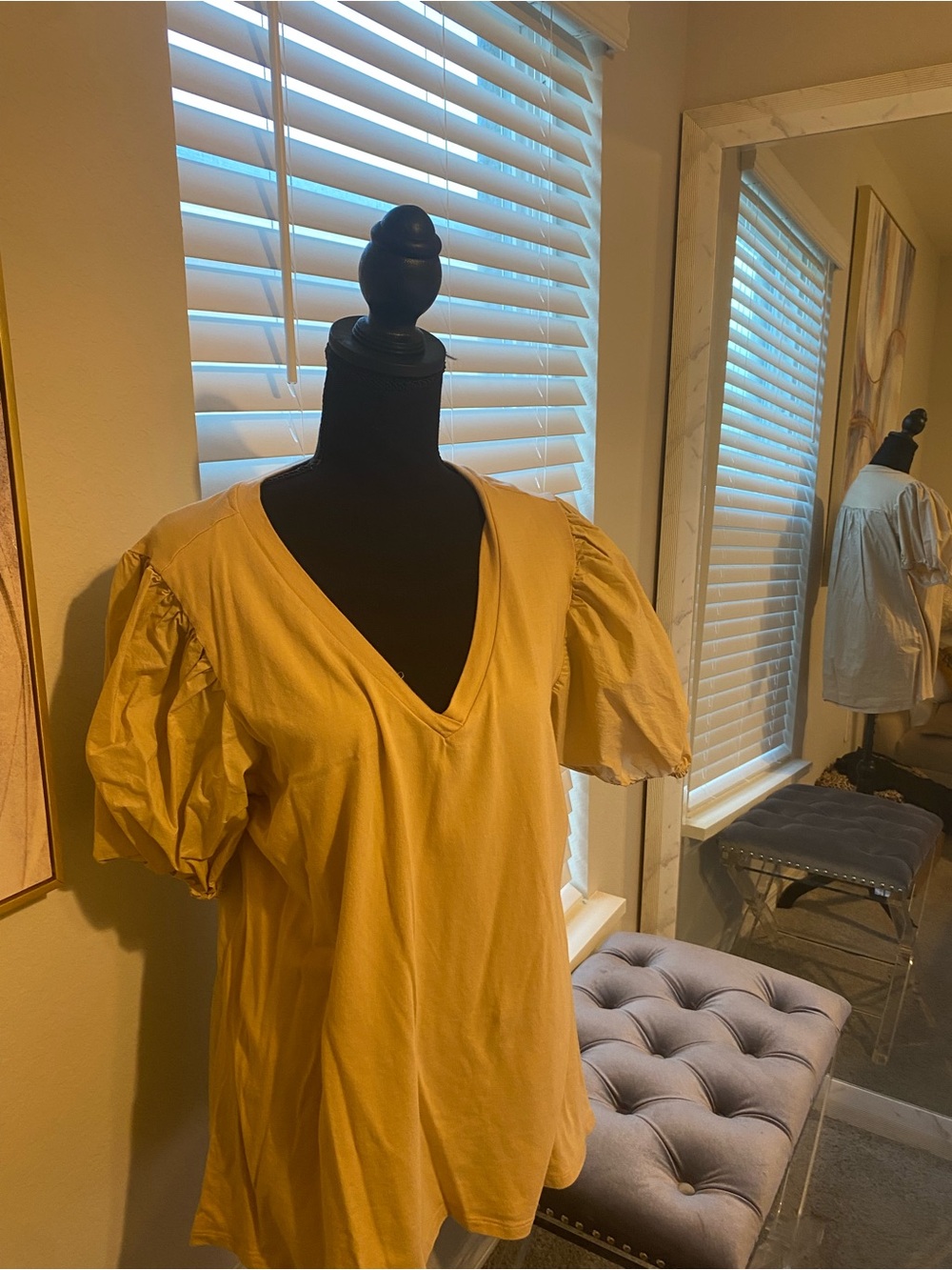 Women's Beige Puff-Sleeve V-Neck Top